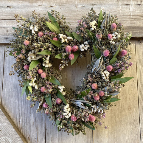 Sweet Pink Heart Wreath - Creekside Farms Fragrant dried herbs and flowers make this wonderful heart wreath 15"