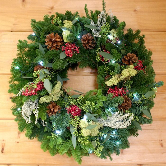 Berries & Moss Wreath - Creekside Farms Stunning fresh fir & eucalyptus with pine cones, moss, artemisia & pepper berries wreath 20"