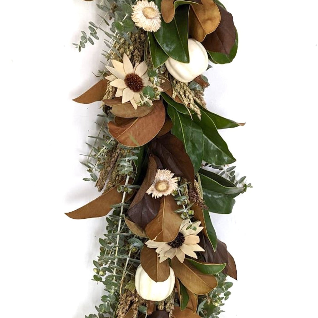 Classic Magnolia White Pumpkins Garland 6' - Creekside Farms Magnolia, eucalyptus, and sorghum with white pumpkins garland 6'