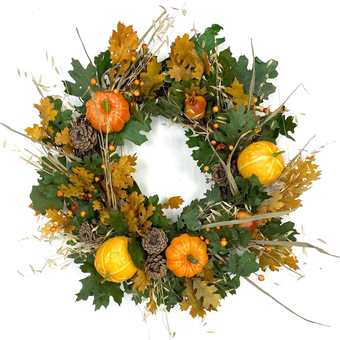 Everlasting Pumpkins & Gourds Wreath - Creekside Farms Beautiful combination of preserved and natural fall foliage, faux pumpkins & gourds wreath 20"
