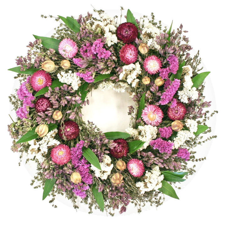 Floral Abundance Wreath - Creekside Farms Vibrant mix of dried flowers including strawflowers, nigella, and statice wreath 18"