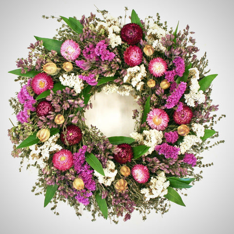 Floral Abundance Wreath - Creekside Farms Vibrant mix of dried flowers including strawflowers, nigella, and statice wreath 18"