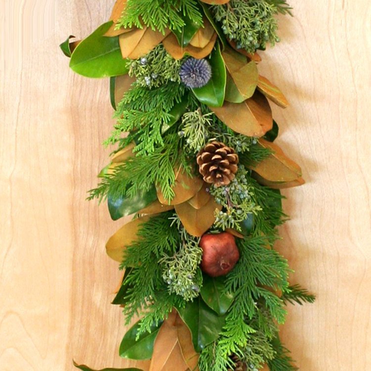 Magnolia Pomegranate Garland 6' - Creekside Farms Elegant magnolia, cedar & juniper with pine cones, pomegranates and echinops garland 6'