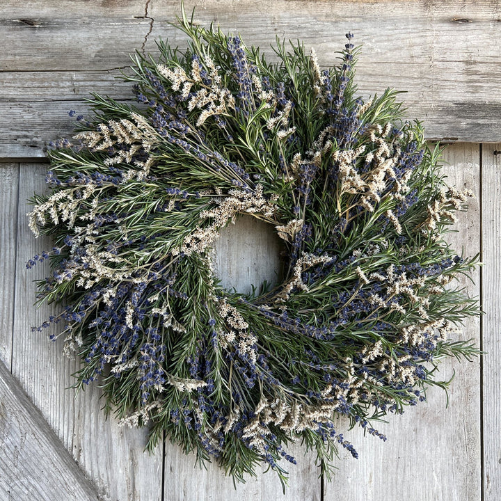 Remembrance Wreath - Creekside Farms Made with fresh rosemary that signifies love and remembrance, soothing lavender and white German statice. A thoughtful gift offering your condolences during a difficult time.