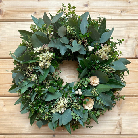 Sweet Spring Wreath - Creekside Farms A timeless mix of neutral tones with pearls and wooden cream roses wreath 18"