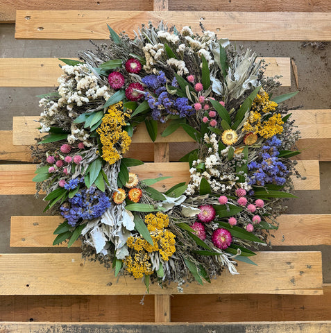 Burst of Flowers Wreath - Creekside Farms Handmade with yarrow, strawflowers, globe amaranth and statice wreath in multiple sizes