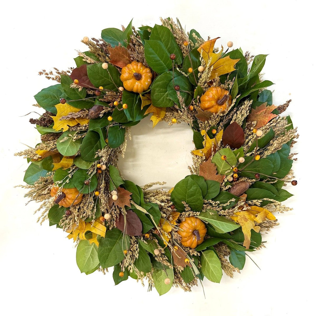 Autumn Splendor Wreath - Creekside Farms Autumn wreath made with quality faux pumpkins, wooden elements and fall leaves 18"/22"/26"
