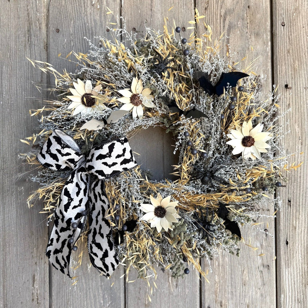 Bats and Blooms Wreath - Creekside Farms Fluttering bats on an airy base of autumn grains and herbs Halloween wreath 20"