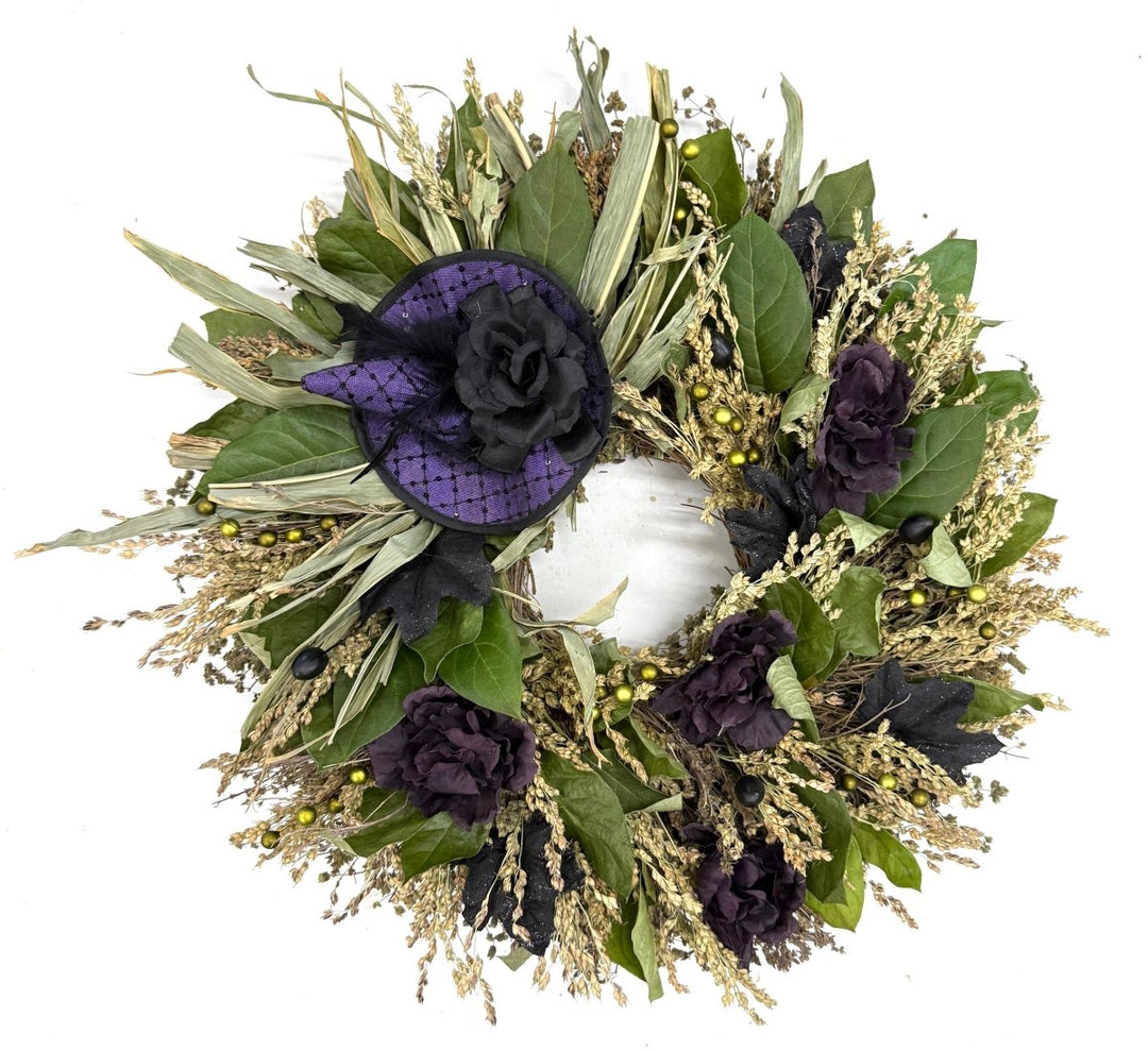 Bewitched Blooms Wreath - Creekside Farms Halloween wreath with playful ghosts, orange pumpkins on a base of autumn grains and leaves wreath 20"