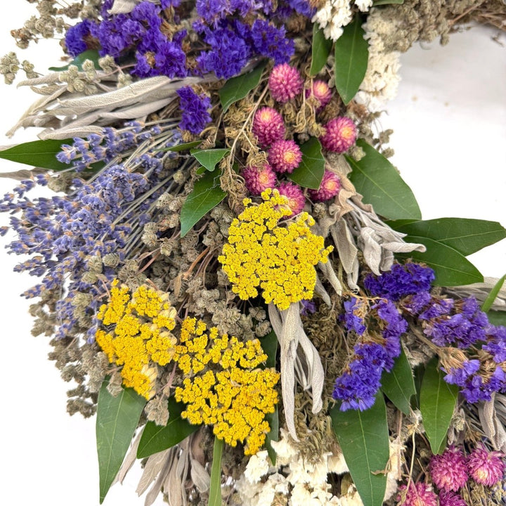 Blooms Wreath - Creekside Farms A splendid combination of herbs and flowers make this cheerful wreath 16"/20"/22"