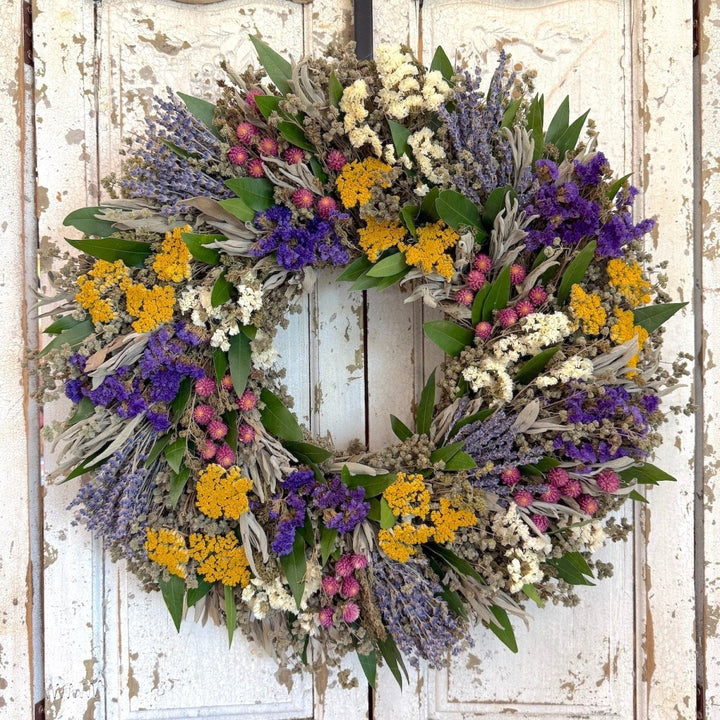 Blooms Wreath - Creekside Farms A splendid combination of herbs and flowers make this cheerful wreath 16"/20"/22"