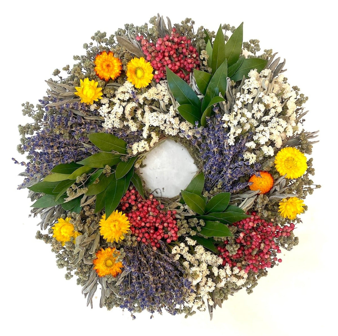 Carols Commemorative Wreath - Creekside Farms A beautiful combination of herbs, lavender, pepperberries and statice designed to honor Carol's legacy and represent key moments in Creekside Farms history. 16"/18"/22"