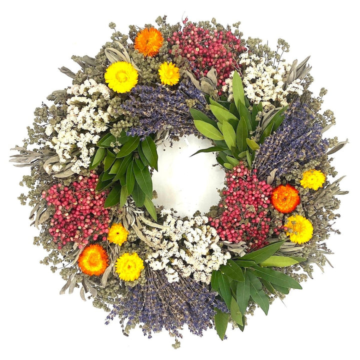 Carols Commemorative Wreath - Creekside Farms A beautiful combination of herbs, lavender, pepperberries and statice designed to honor Carol's legacy and represent key moments in Creekside Farms history. 16"/18"/22"
