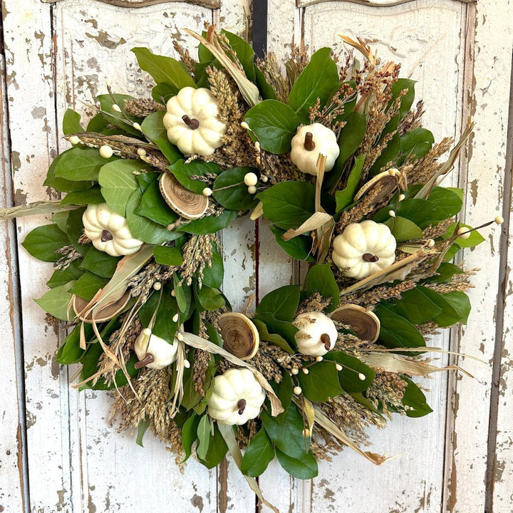 Classic White Pumpkins and Grains Wreath - Creekside Farms Fall grains and fresh salal with white faux pumpkins and berries wreath 20"