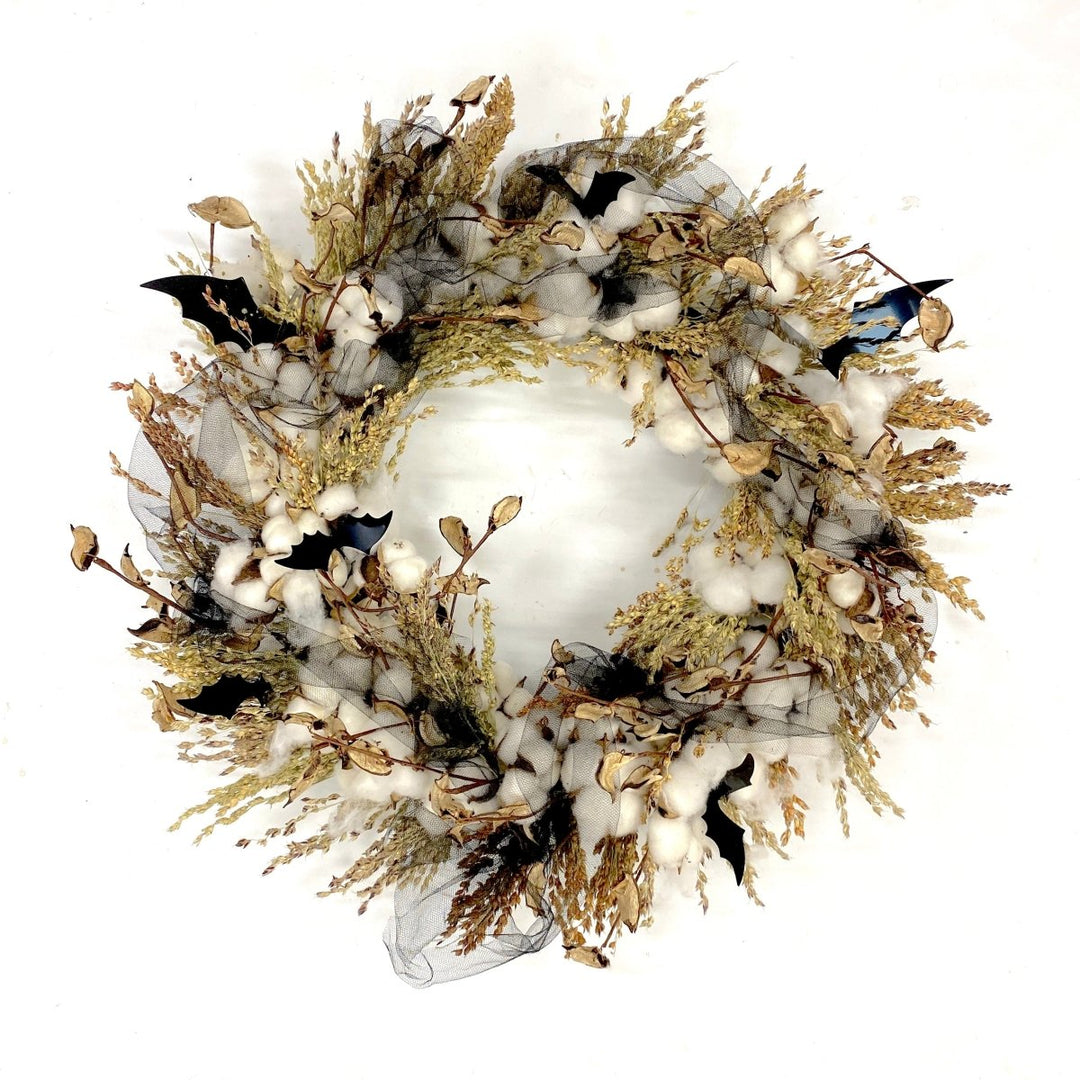 Eerie Moonlit Bat Wreath - Creekside Farms Halloween wreath with fluttering bats on an airy base of autumn grains and cotton wreath 20"
