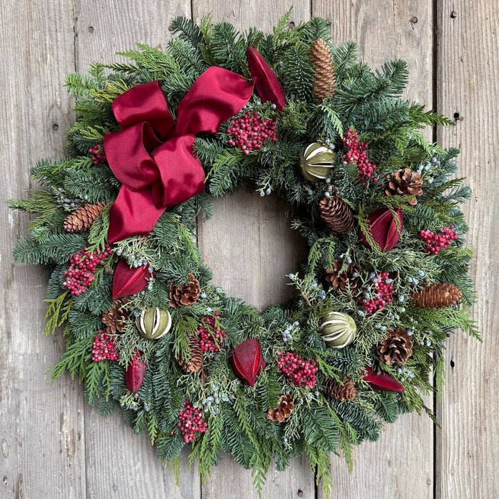 Elegant Christmas Wreath - Creekside Farms Lush blend of fresh fir, cedar and juniper with red accents, pine cones and pods wreath 22"/26"