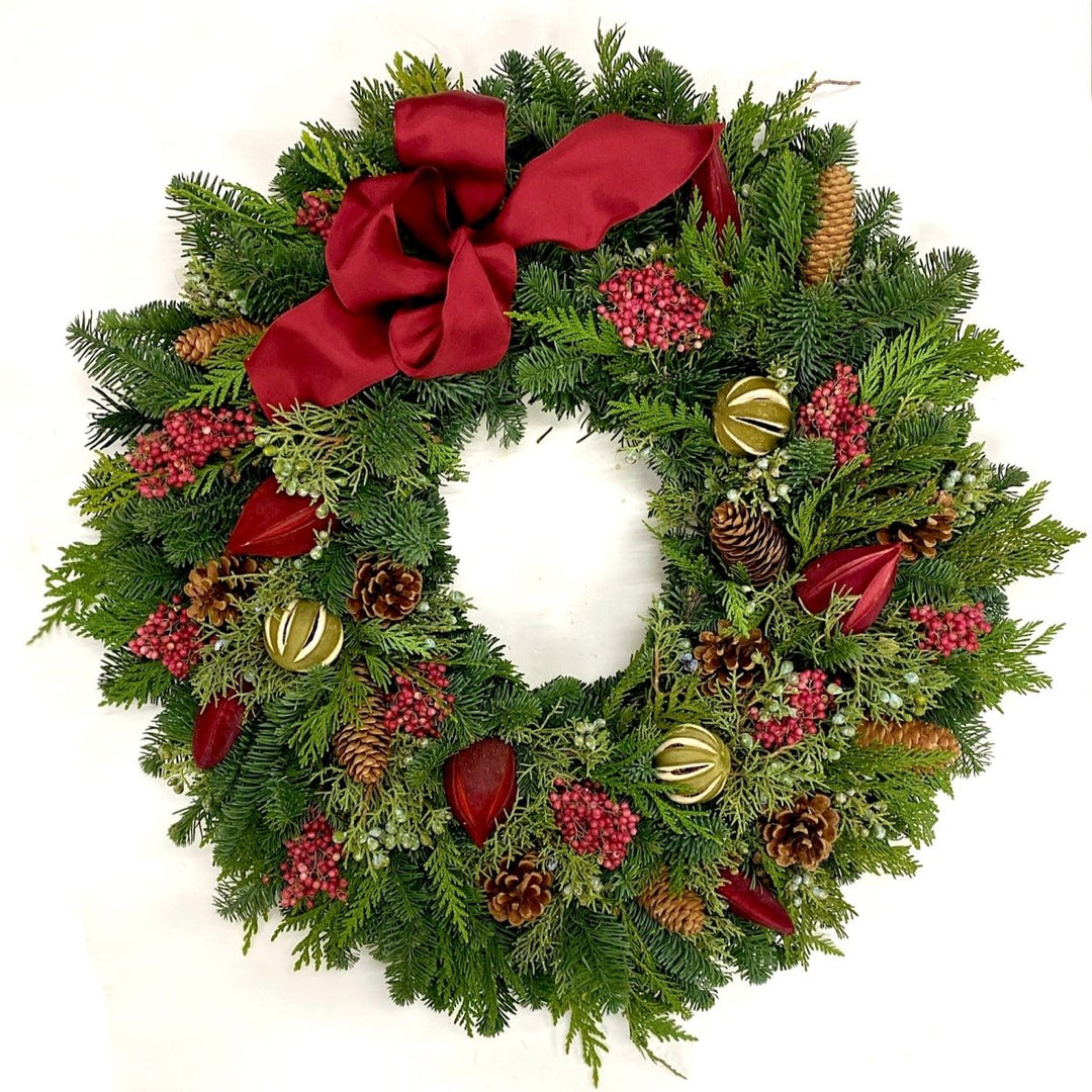 Elegant Christmas Wreath - Creekside Farms Lush blend of fresh fir, cedar and juniper with red accents, pine cones and pods wreath 22"/26"
