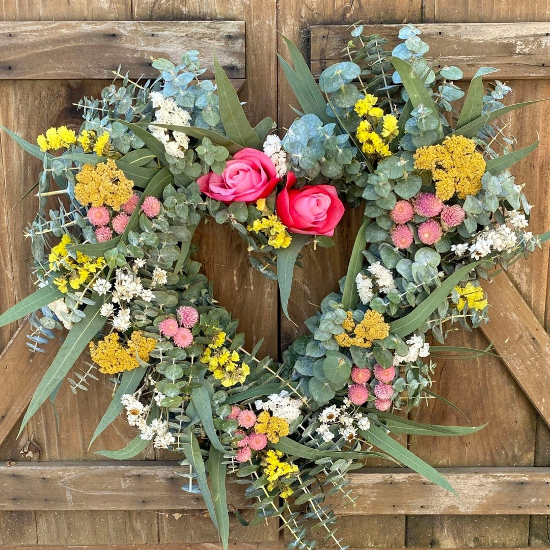Eucalyptus Floral Heart - Creekside Farms A mixture of fresh eucalyptus & dried florals heart wreath 18"