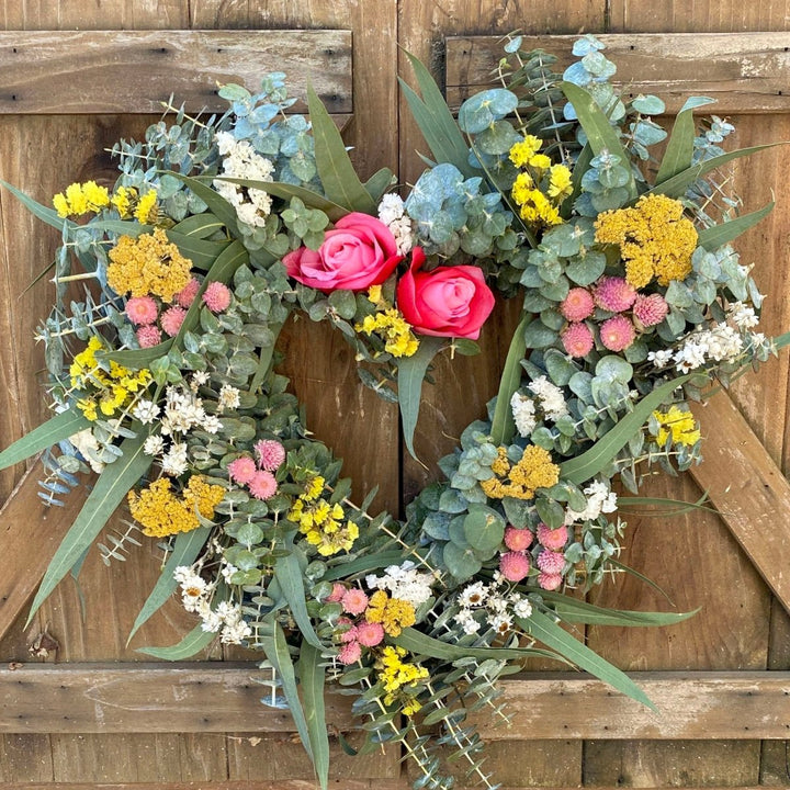 Eucalyptus Floral Heart - Creekside Farms A mixture of fresh eucalyptus & dried florals heart wreath 18"