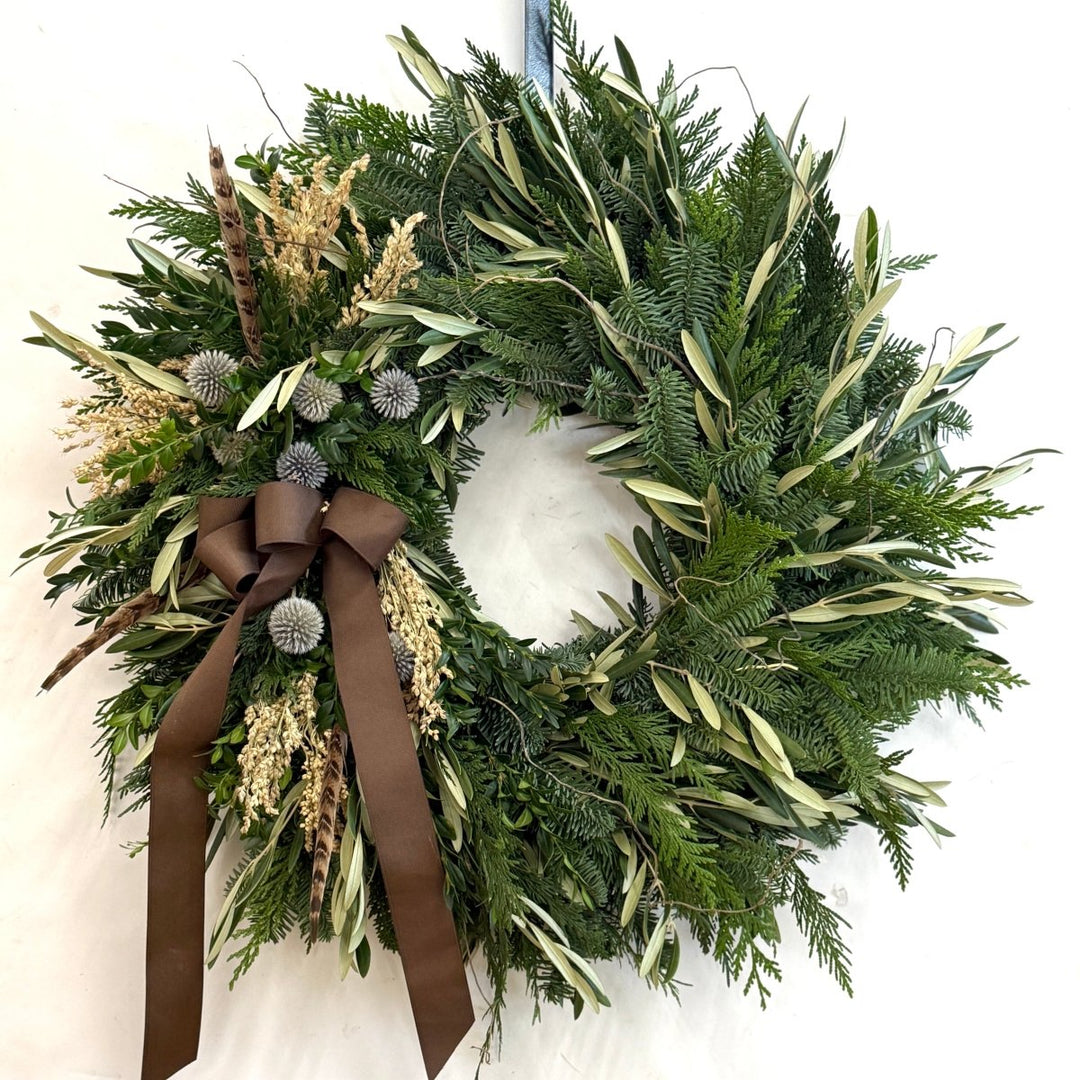 Evergreen Feather Wreath - Creekside Farms Fragrant fir, cedar and olive with feathers, thistles and brown bow wreath 22"/26"