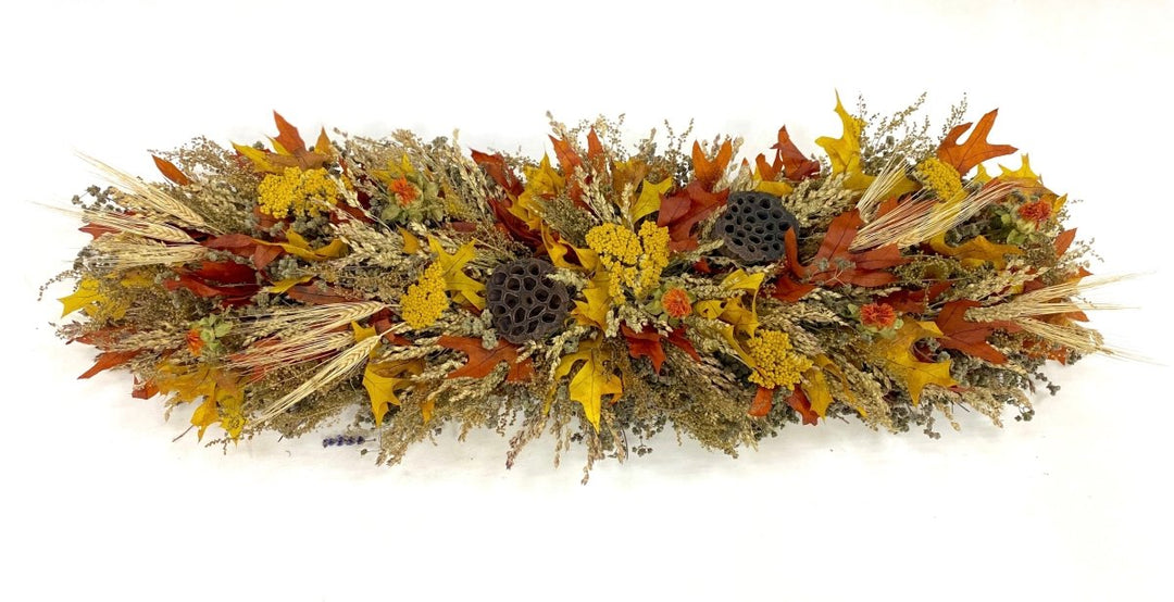 Fall Sunset Centerpiece - Creekside Farms Vibrant handmade and natural with fall leaves and bright bold accents centerpiece 36"X12"