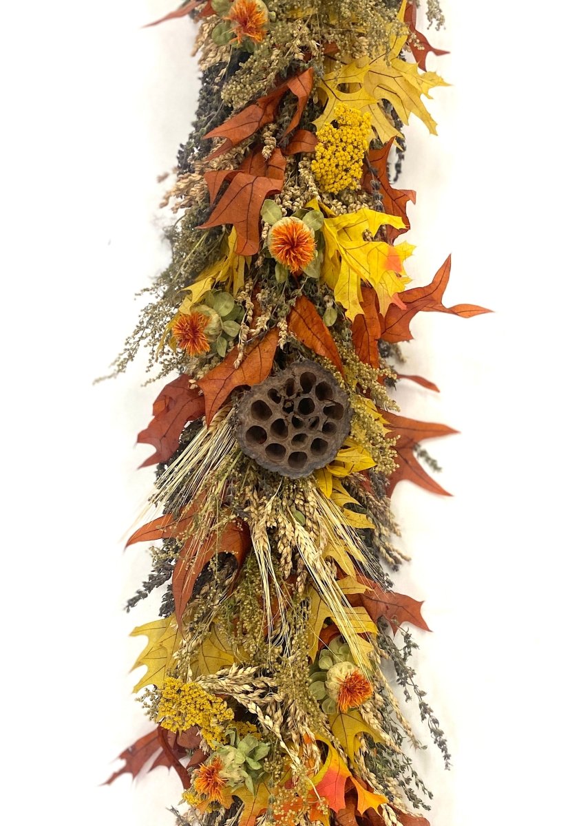 Fall Sunset Garland - Creekside Farms Vibrant handmade and natural with fall leaves and bright bold accents garland 6'