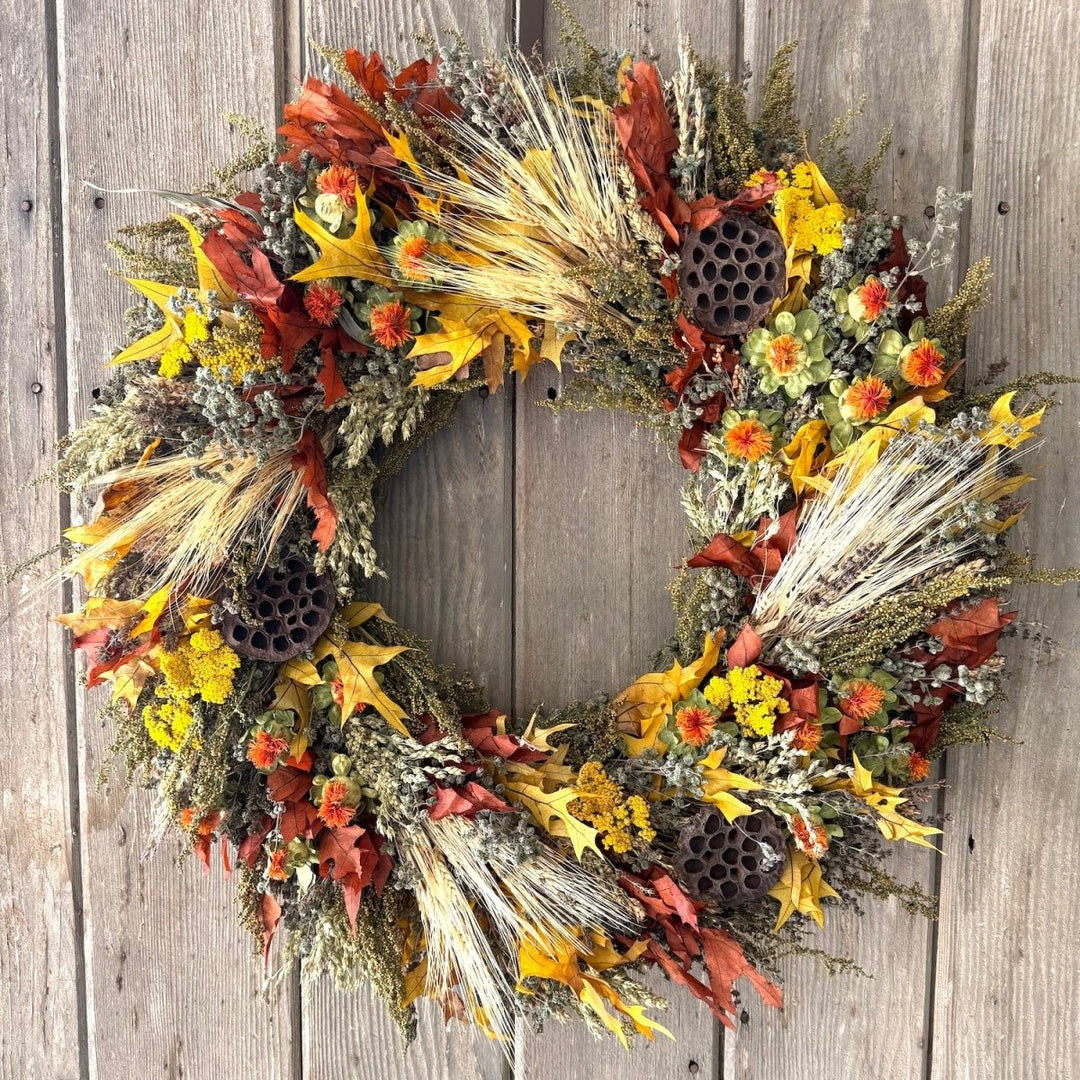 Fall Sunset Wreath - Creekside Farms Vibrant handmade and natural with fall leaves and bright bold accents wreath 22"/28"