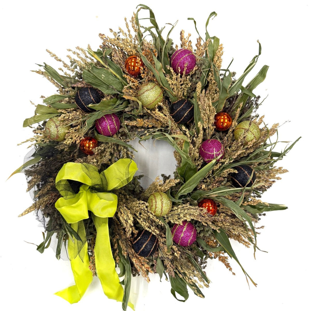 Festive Halloween Wreath - Creekside Farms Vibrant wreath with shimmering globes and black netting for Halloween 20"