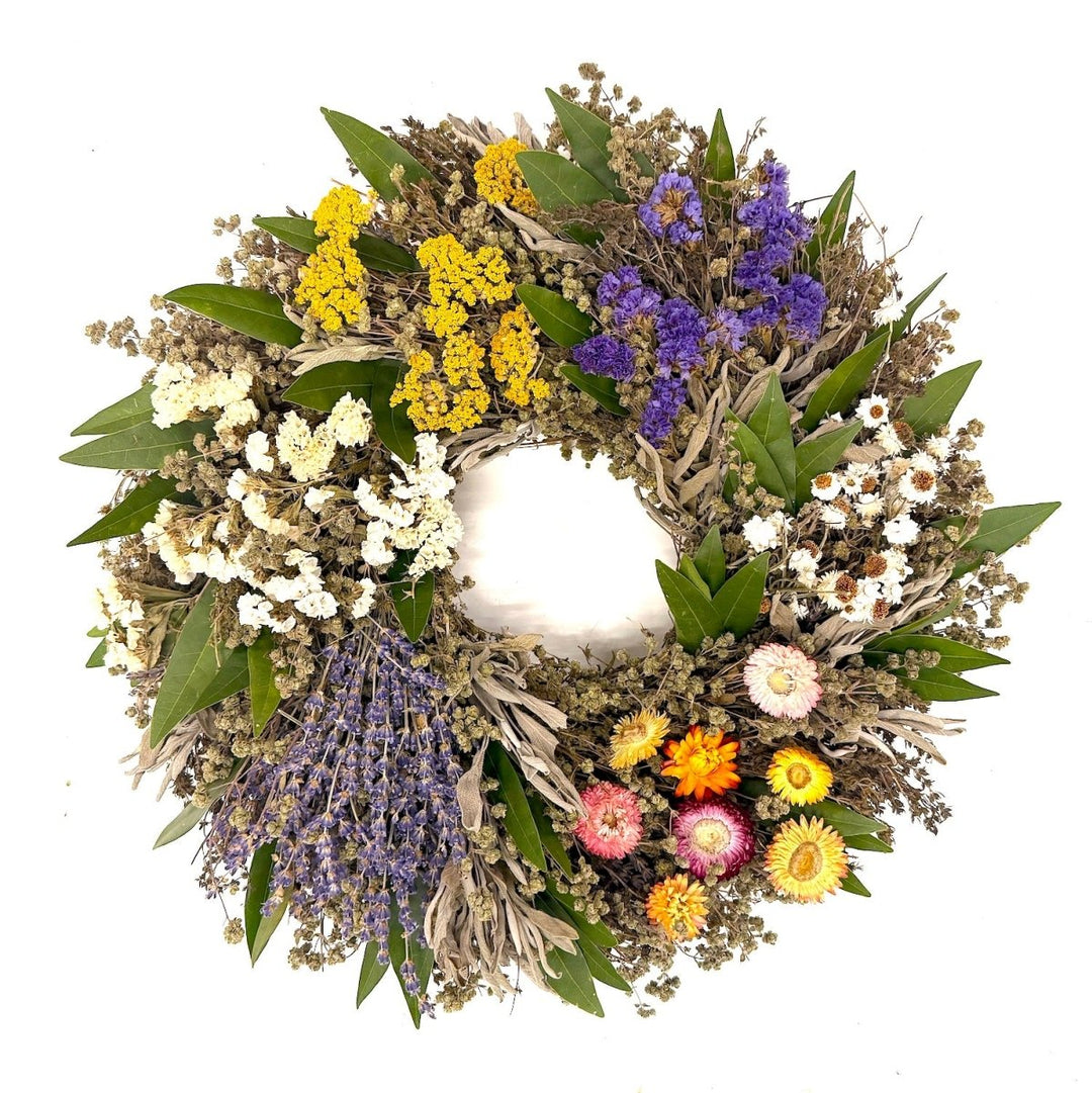 Floral Herb Wreath - Creekside Farms Colorful blend of flowers and herbs, including lavender, yarrow and strawflowers wreath 16"/18"/22"