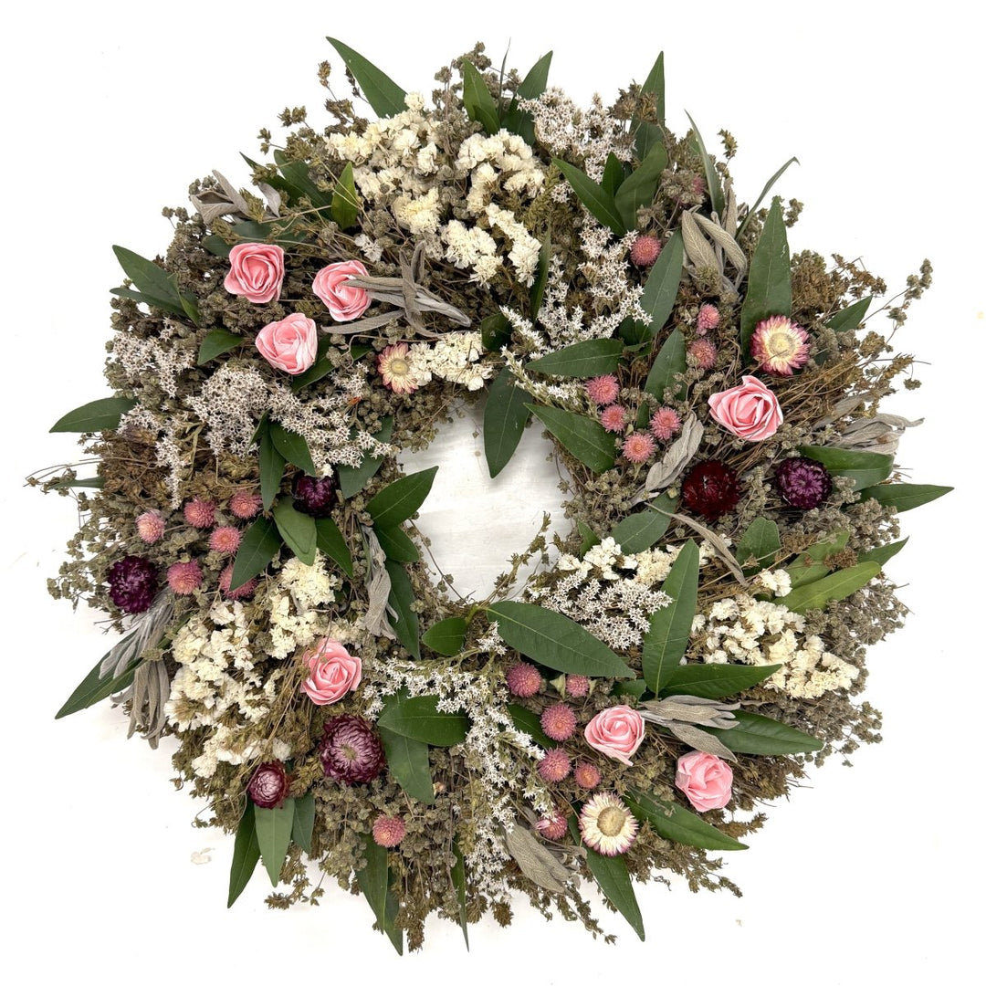 Floral Sensation Wreath - Creekside Farms Dried flowers and paper roses are perfect accents on a fragrant herb base 18" & 22".