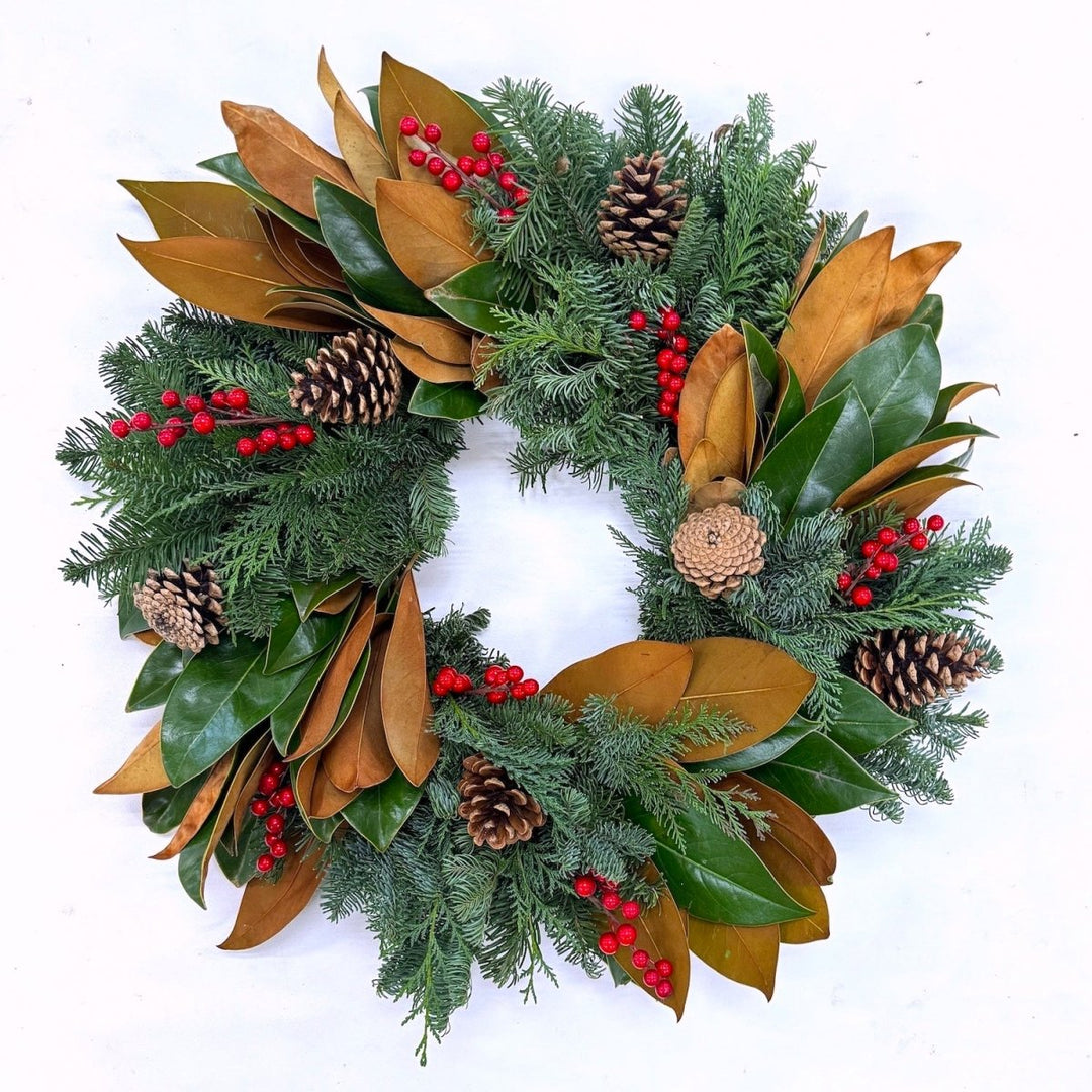 Fragrant Fir and Magnolia Wreath - Creekside Farms A beautiful combination of yellow flowers and tan sprigs make this colorful wreath for summer into fall 20"
