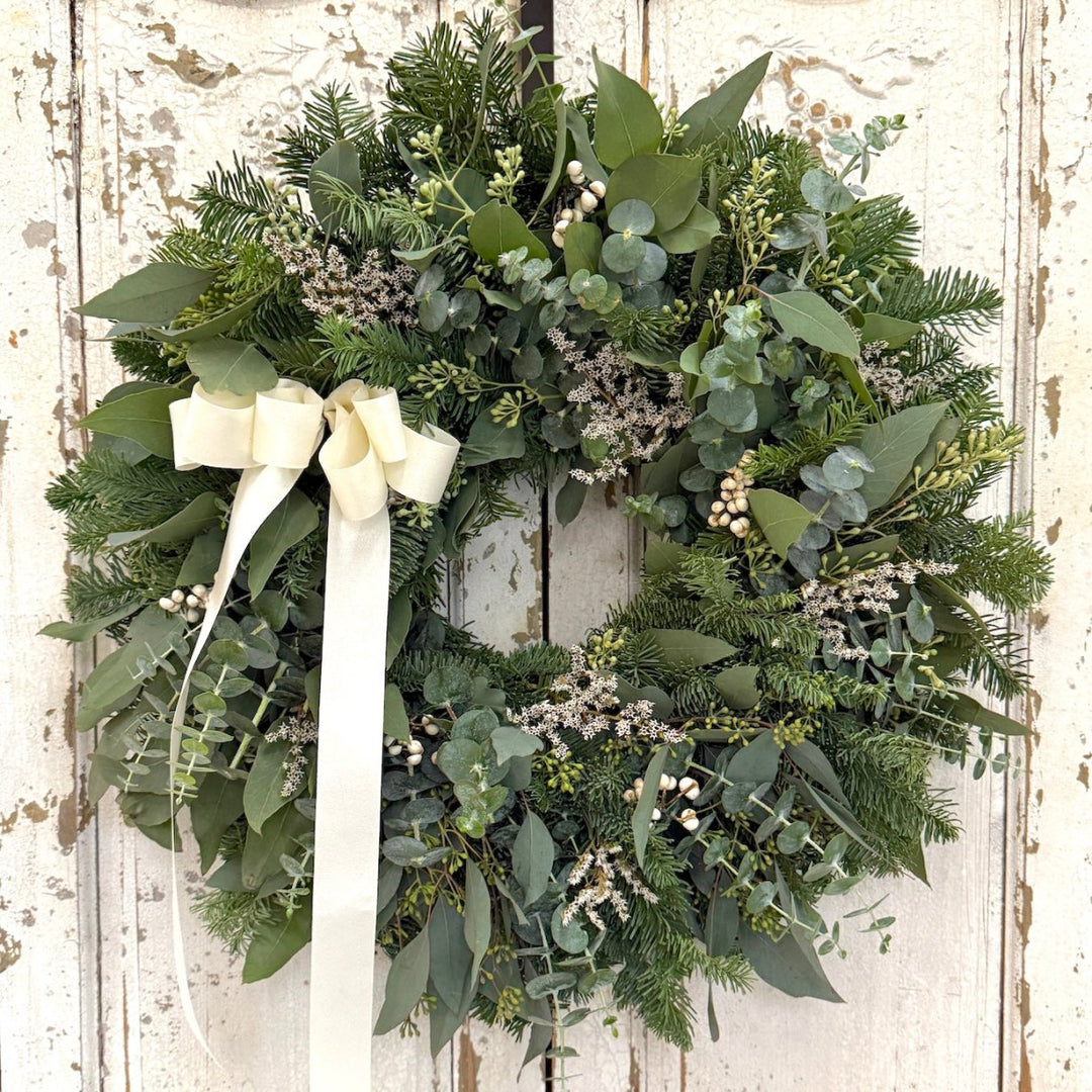 Fragrant Winter Wreath - Creekside Farms Classic combination of fresh eucalyptus and fir with white statice and tallowberries wreath 20"