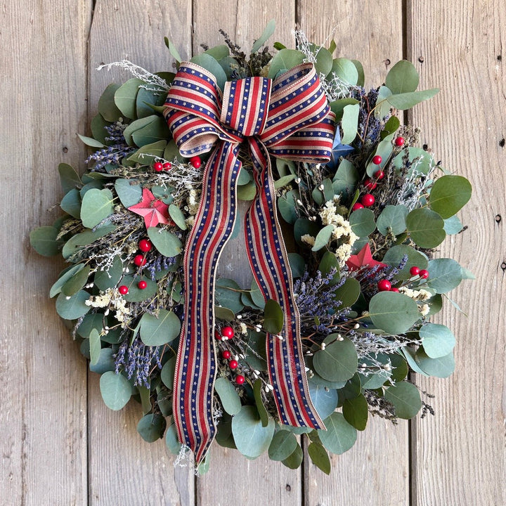 Freedom Wreath - Creekside Farms Fresh & dried botanicals with red, white and blue ribbon and decor for 4th of July.
