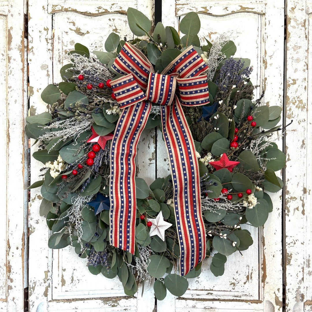 Freedom Wreath - Creekside Farms Fresh & dried botanicals with red, white and blue ribbon and decor for 4th of July.