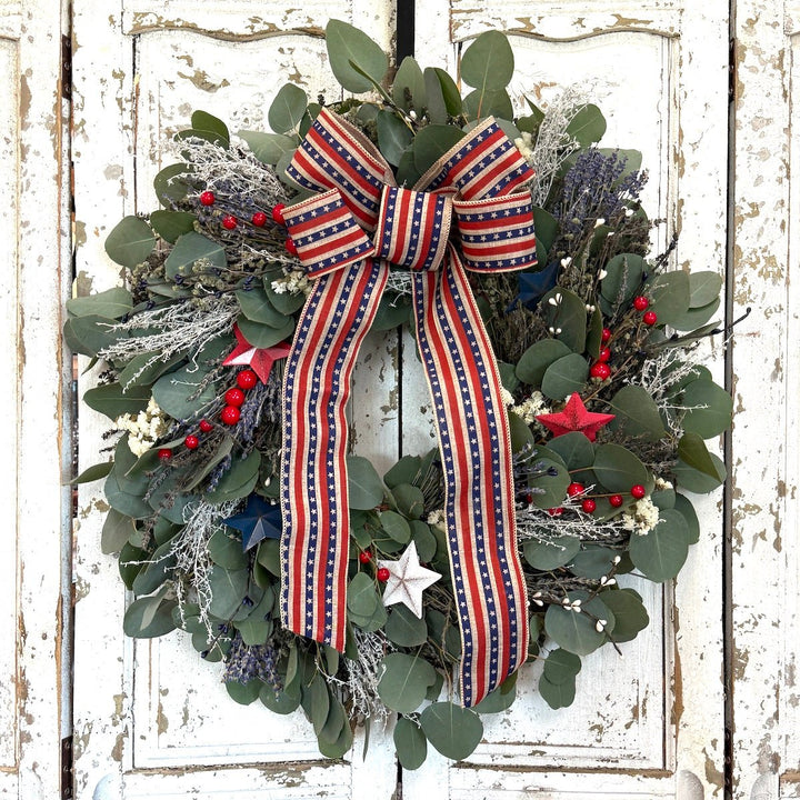 Freedom Wreath - Creekside Farms Fresh & dried botanicals with red, white and blue ribbon and decor for 4th of July.