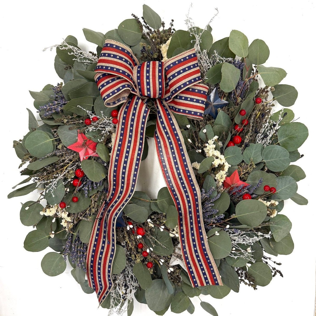 Freedom Wreath - Creekside Farms Fresh & dried botanicals with red, white and blue ribbon and decor for 4th of July.