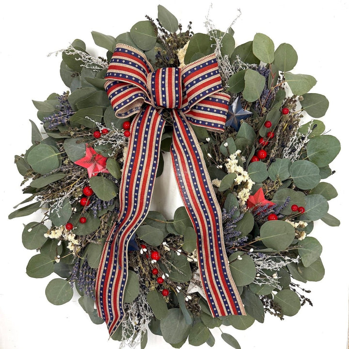 Freedom Wreath - Creekside Farms Fresh & dried botanicals with red, white and blue ribbon and decor for 4th of July.