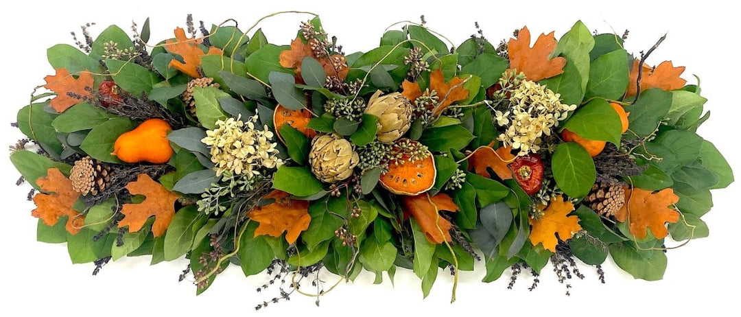 Fresh Artichoke Centerpiece - Creekside Farms Handmade with fresh salal and eucalyptus with artichokes, gourds and fall leaves centerpiece 36"X12"