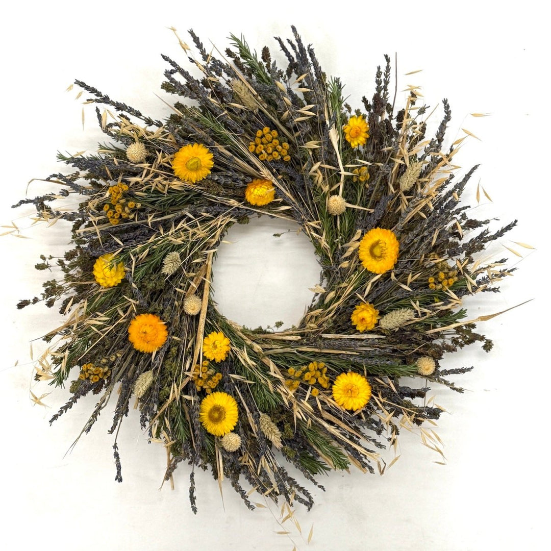 Golden Meadow Wreath - Creekside Farms A beautiful combination of yellow flowers and tan sprigs make this colorful wreath for summer into fall 20"