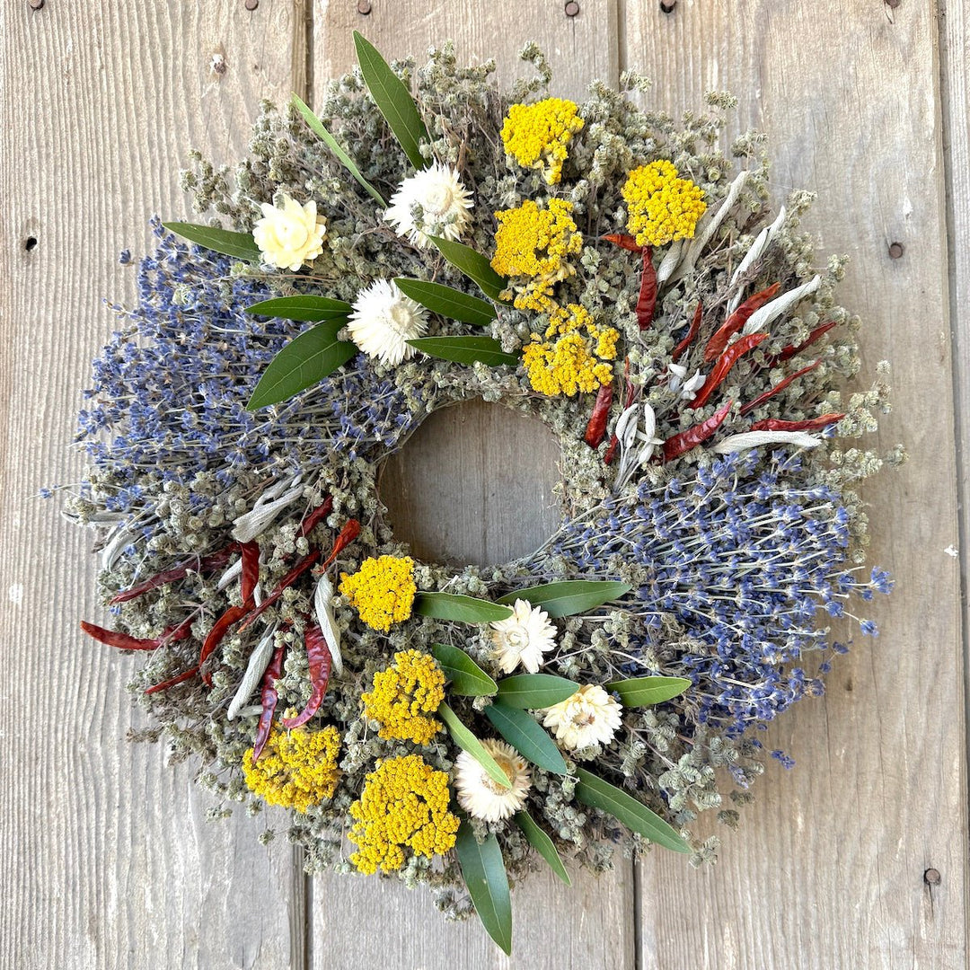 Herbal Delight Wreath - Creekside Farms Colorful dried yarrow, lavender, strawflowers, herbs and chilies wreath 15"