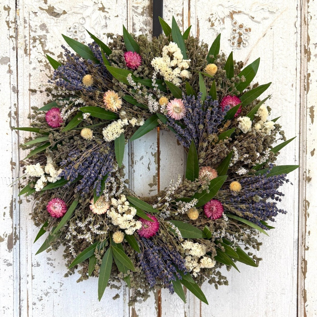 Lavender and Blooms Wreath - Creekside Farms Beautiful combination of dried lavender, strawflowers with natural herbs wreath 18"/22"