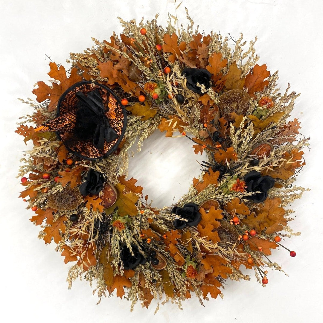 Midnight Harvest Wreath - Creekside Farms Festive Halloween wreath with witches hat, fall leaves and broom corn wreath 22"