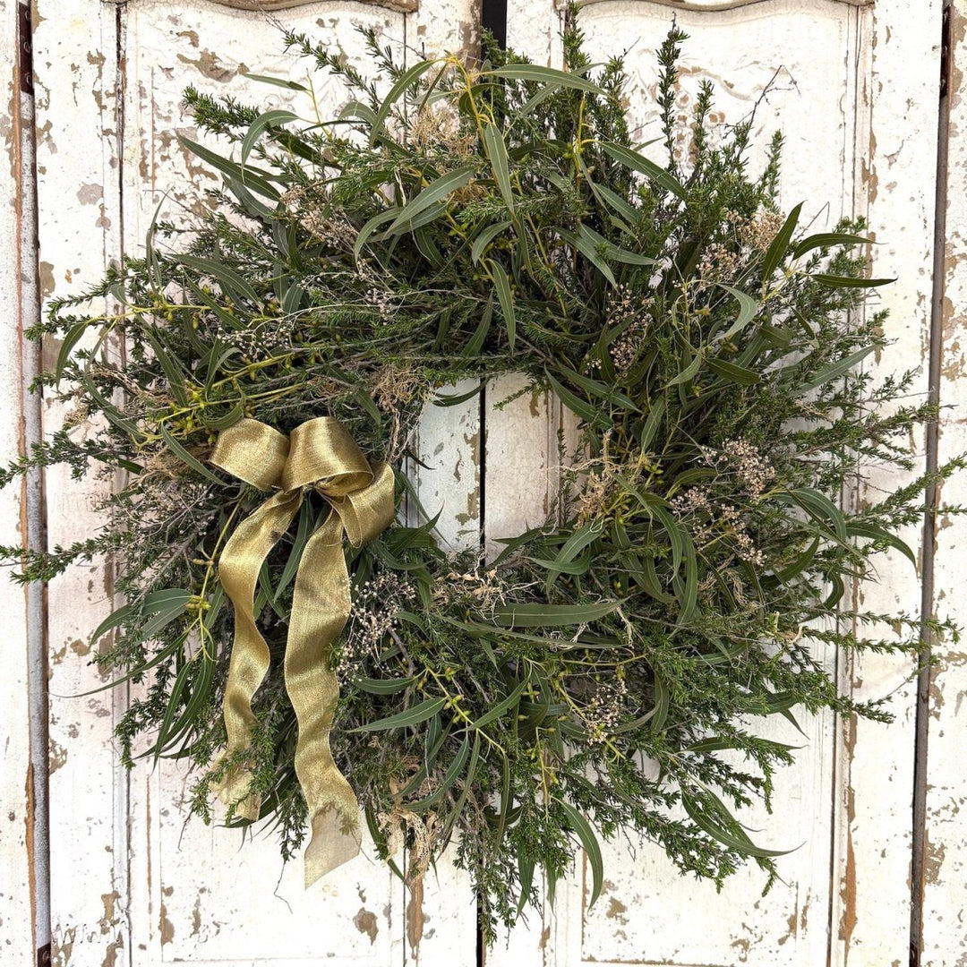 Mountain Branch Wreath - Creekside Farms Blend of fresh natural branches and eucalyptus with subtle white accents wreath 22"