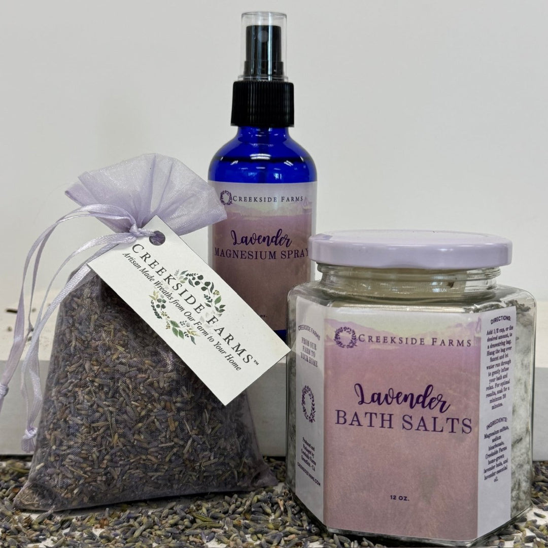 Nighttime Renewal Set - Creekside Farms Our Lavender Trio of Lavender Magnesium Spray and Lavender Bath Salts are designed to help you relax and recover.