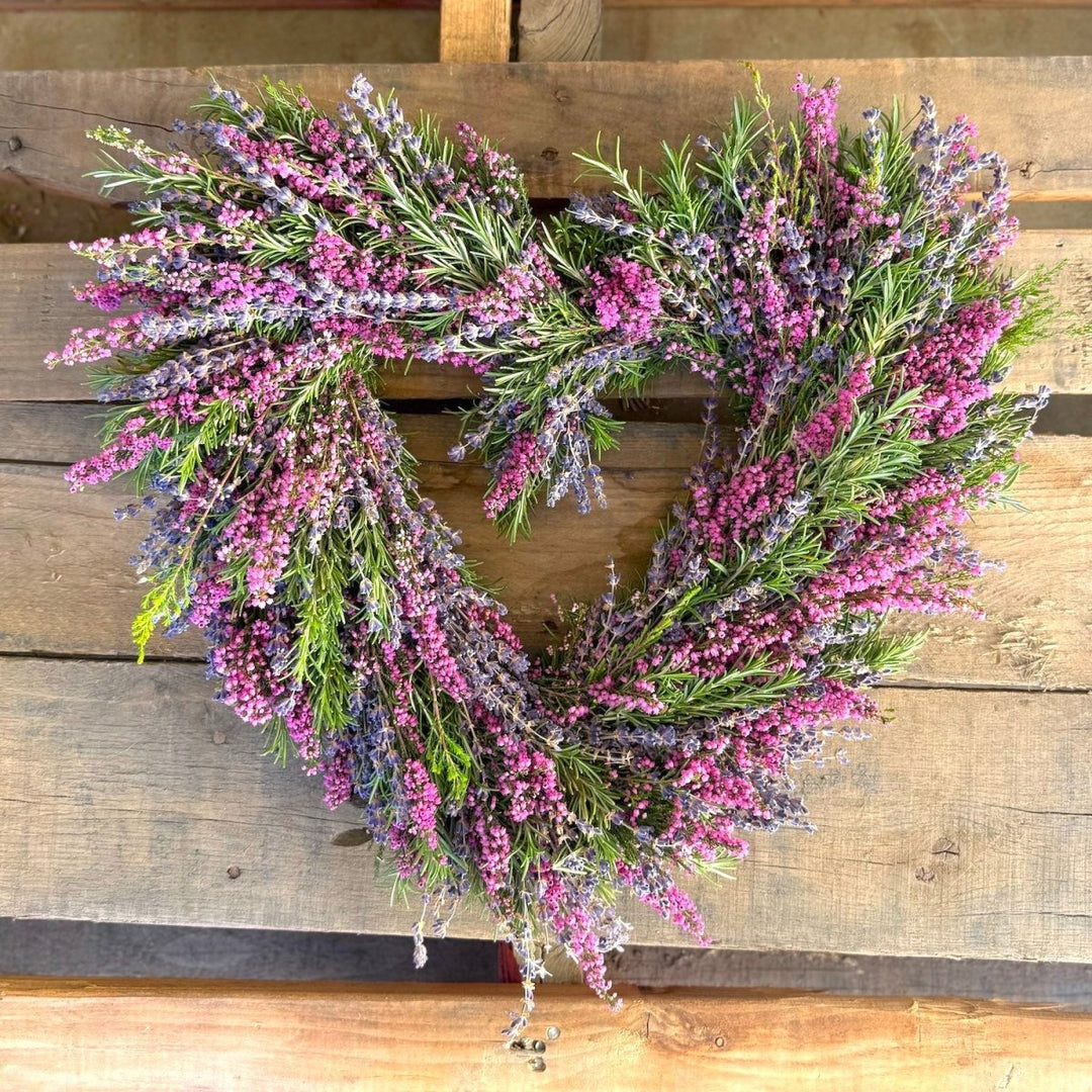 Provençal Heather Heart Wreath - Creekside Farms For a limited time, enjoy fresh heather and fresh & fragrant rosemary heart 18"
