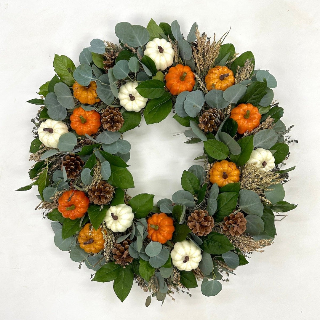 Pumpkin Patch Wreath - Creekside Farms Fall grains and fresh salal with white and orange faux pumpkins wreath 22"/26"