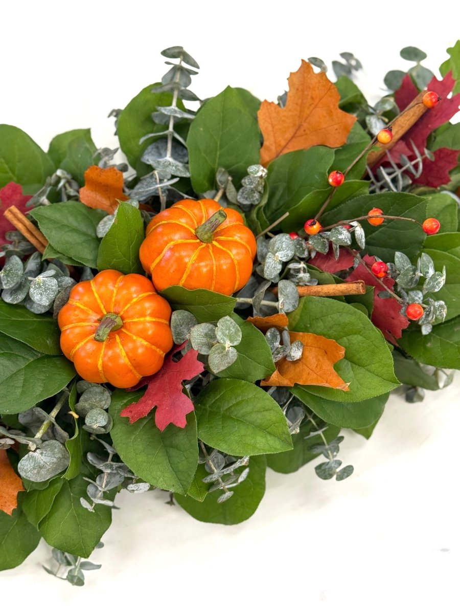 Pumpkin Spice Centerpiece - Creekside Farms Handmade with fresh eucalyptus, salal, faux pumpkins & fall leaves centerpiece 24"X10"