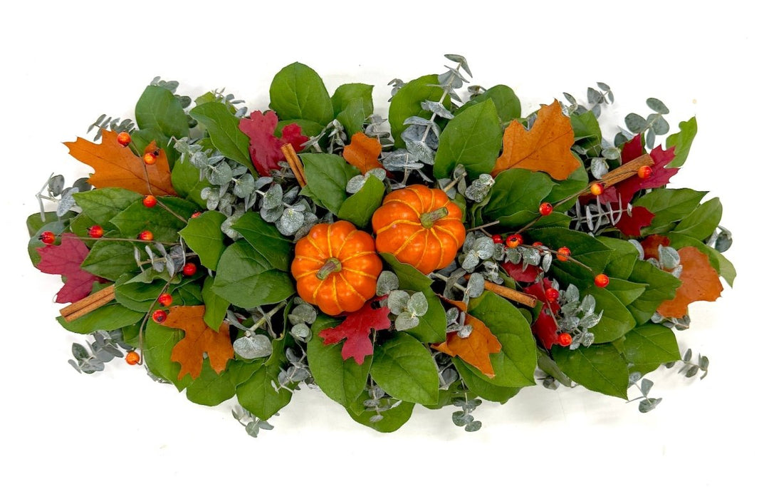 Pumpkin Spice Centerpiece - Creekside Farms Handmade with fresh eucalyptus, salal, faux pumpkins & fall leaves centerpiece 24"X10"