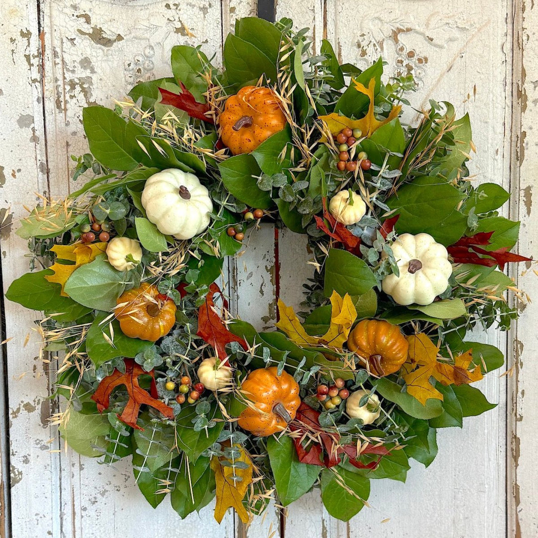 Pumpkins Galore Wreath - Creekside Farms Fresh eucalyptus and salal, with varied pumpkins and wheat wreath 20"