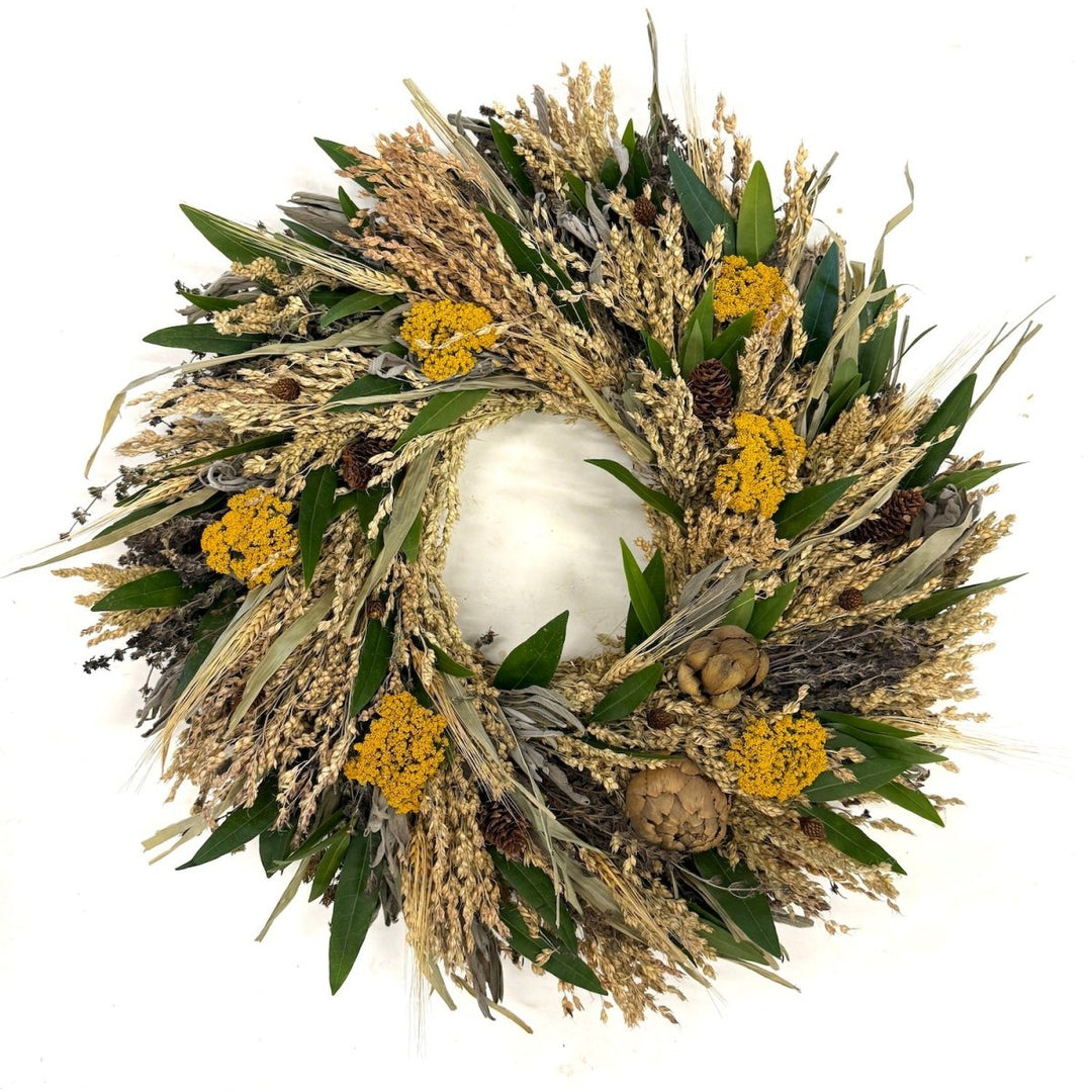 Rustic Harvest Wreath - Creekside Farms A soothing combination of grains, yarrow and herbs with mini artichokes wreath 20